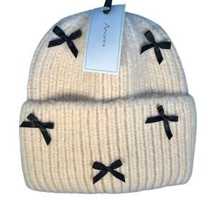 New! Arvores Women’s Cream & Black Ribbon Bows Beanie (K0088)